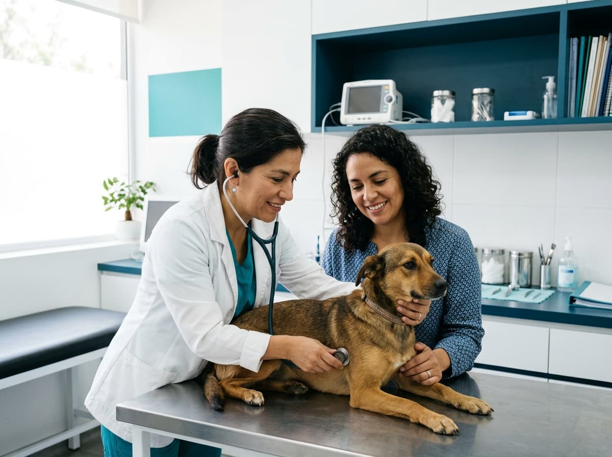 Doctora veterinaria examinando un perro junto a su tutora