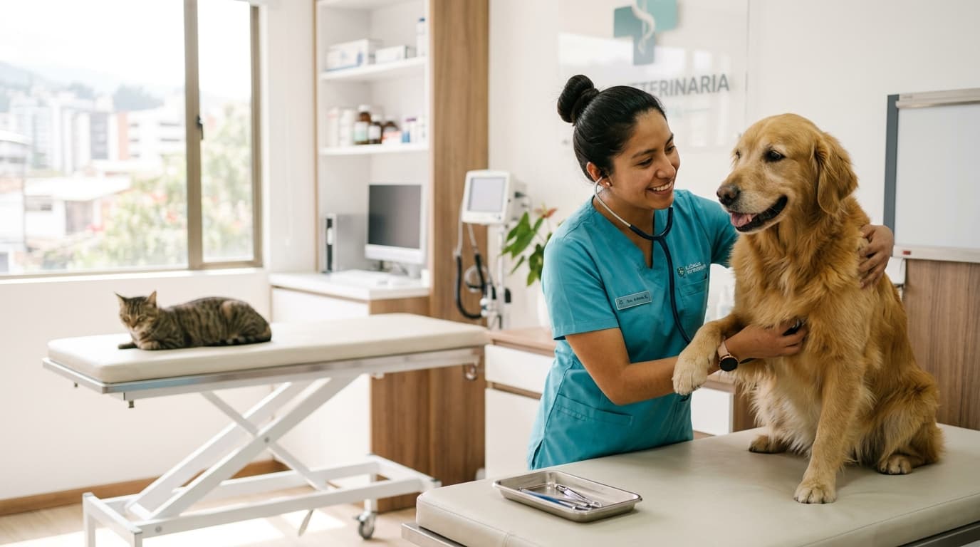 Veterinaria atendiendo con cariño a un perro en una clínica moderna
